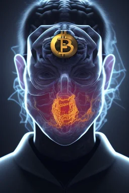 satoshi nakamoto in the bitcoin brain, Fire theme art, Dark moody night atmosphere, , 8K, close-up face, anatomically perfect face