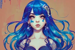 singer Melanie Martinez face, beautiful cyberpunk huge girl, hyperdetailed, illustration by Katsushika Hokusai, darkblue tones,