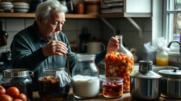 Elderly pensioners making wine. Demijohns, fruit, yeast, sugar, equipment, all in a domestic pensioner's kitchen. Photographic quality and detail, award-winning image, beautiful composition.