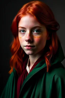 A girl with red hair and green eyes and she is wearing a Hogwarts robe