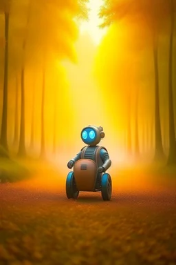 cute robot in drift trike in autumn forest, motion blur, smoke, 4k, downlight, soft light, depth of field, photorealism, trending on art station