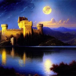 Drawing of 'Medieval Romanian Castle',bats,mountain,lake,full moon, by gaston bussiere, greg rutkowski, yoji shinkawa, yoshitaka amano, tsutomu nihei, donato giancola, tim hildebrandt, oil on canvas, cinematic composition, extreme detail,fit full head inside picture,16k