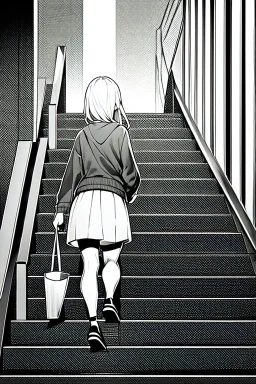 girl runs on the stairs, greyscale