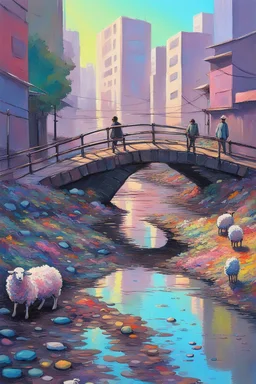 painting of a cyberpunk colourful natural walkway rubbish on the street in the city with pollution and a small bridge by a creek with electric sheep and androids by monet