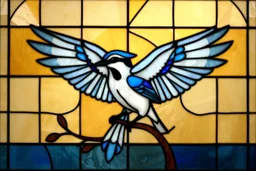 vitrail d'un geai bleu ailes déployées art déco d'après mucha