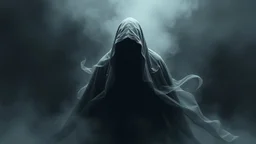 In a mesmerizing and ethereal manner, an otherworldly being emerges in the form of a translucent grey hood ghost. flowing smoky black robes. Forward facing