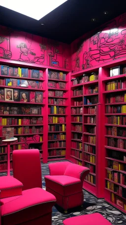 A dark pink library with arcane magic painted by Jean Dubuffet