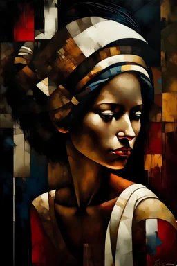 Black woman high quality, highly detailed, painting involves blending classical elegance with a contemporary twist, The focal point is an enigmatic figure inspired by film noir protagonists, positioned against a backdrop of nature and urban sophistication, Employing chiaroscuro techniques akin to Caravaggio, the play of light and shadow adds mystery and intimacy, The attire combines classical and modern fashion, with intricate details reflecting haute couture craftsmanship, Surreal elements draw