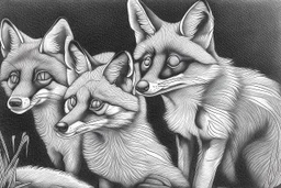 twilight descends, sly and clever foxes and their nocturnal adventures - Pencil drawing, realistic, graphite