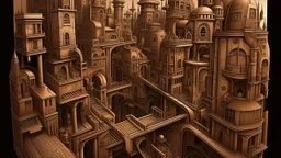 A brownish bronze steampunk city painted by MC Escher