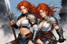 (in the style of Orion, by Masamune Shirow) Subject & Action: A fierce, generational duo of two redhead warrior women stands resolute. The mother, a battle-hardened matriarch with braided ginger hair and war paint, wields a heavy, two-handed claymore, her expression stern and commanding. She wears weathered leather and chainmail armor with tartan accents. The daughter, younger but equally intense with wild, vibrant orange-red hair and fierce eyes, holds a sharpened broadsword and a round targe s
