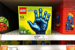 Lego box on display at a toy store shelf, LEGO™️ box labeled "BEKSINSKI", image on box is a nihilistic six fingered hand made out of Lego blocks with nightmarish faces on the fingertips, sinister, pronounced clear LEGO block raised pip textures on all surfaces, unsettling juxtaposition of lego fun and Zdzislaw Beksinski's nightmare surreal art