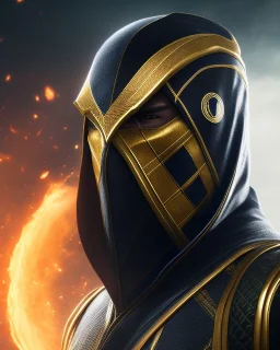 Scorpion, mask cover whole face and hood , mortal kombat 11, highly detailed, hyper-detailed, beautifully color-coded, insane details, intricate details, beautifully color graded, Cinematic, Color Grading, Editorial Photography, Depth of Field, DOF, Tilt Blur, White Balance, 32k, Super-Resolution, Megapixel, ProPhoto RGB, VR, Half rear Lighting, Backlight, non photorealistic rendering