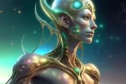 gorgeous female humanoid alien, slender muscular warrior, looking over shoulder at the sky, tentacles, coper zinc orichalcum jewelry and piercings, beautiful face, mesmerizing starry eyes, smooth translucent skin, hourglass, size DD.