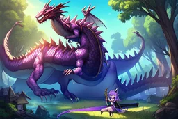 House, forest, girl , purple hair, dragon tail, dragon horns, sit, dragon ear , have sword