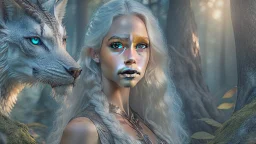 whole body image of beautiful Daenerys Targaryen from Game of Thrones in a mystical enchanted forest standing next to Drogo the dragon, HD 8K, sharp detail, hyperrealistic photo accurate face and features, cinematic lighting