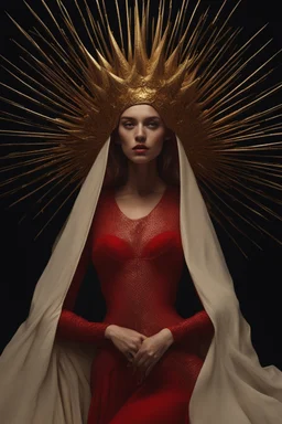 lady in red veils her face and has a large golden spiked crown, in the style of celestial fasion, otherworldly beauty, davide sorrenti, celestialpunk, album covers, fra angelico, aykut aydogdu, queencore, golden age aesthetics --s 750 --v 6. 0 --ar 10:13