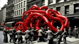 In this photograph taken in a street in New York, single building deattached and lifted from the foundation and moving. It got multiple long, flexible tentacles or appendages extend from its body, each adorned with repeated patterns of red and black rings. These tentacles end in claw-like structures. The tentacles are trying to catch office workers. People screaming and runaway in panic.