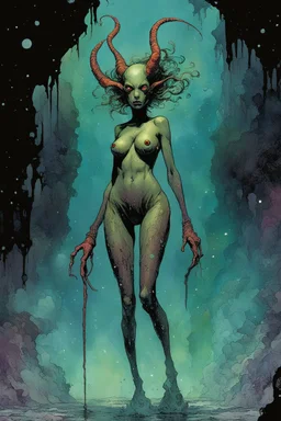 Demon girl wizard behind, cosmic horror, nightmare, galaxy in eyes with dread, truth, alien underwater, fullbody, in the comic book art style of Mike Mignola, Bill Sienkiewicz and Jean Giraud Moebius, , highly detailed, grainy, gritty textures, , dramatic natural lighting