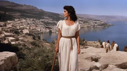 [Jason and the Argonauts (1963)] close to the old town of Nazareth, a view on the Lake of Genesareth. a young woman in linen dress, she has her wooden rod she looks at the people down around the shore