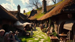 A view within the village of Hobbiton on market day, in "Lord of the Rings" by Tolkien. Many hobbit are in the village. Beautiful composition, clear photograph, excellent lighting, award-winning photography.