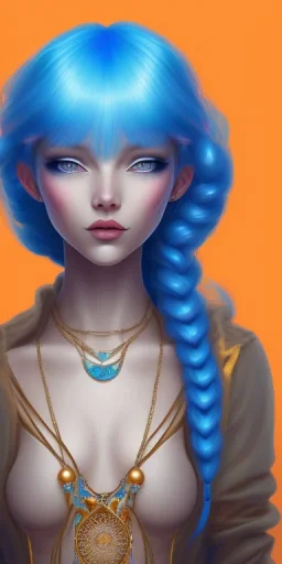 human kingfisher girl with blue hair and orange strand of hair wearing a blue winter coat and a gold necklace. kingfisher sitting on top of her head