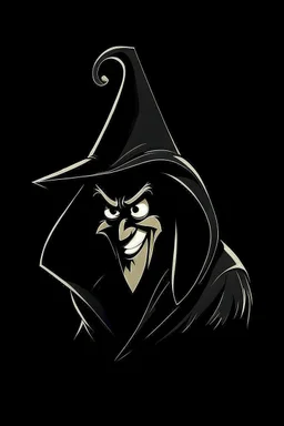 1980s goofy character of a pirate wearing a black hooded cloak, inside a lighter diamond shape on a black background, monochromatic