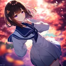 Clear focus,High resolution, one girls, Short brown hair, Purple eyes, Wearing a sailor uniform jumping with blurry sakura leafs falling down