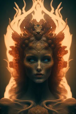 portrait photography of an ethereal beautiful animal goddess, Fire theme art, Dark moody night atmosphere, Portrait of a man by Michelangelo, 8K, close-up face, anatomically perfect face, oak tree roots, ignore NSFW