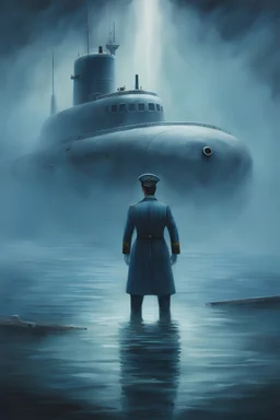 A painting of a ghostly submarine captain standing in the middle of a lake facing the viewer surrounded by a ghostly blue mist.