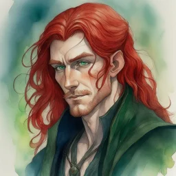 dnd, fantasy, watercolour, large strokes, stylistic, portrait, illustration, dull colours, male, face, narrow long face, weathered face, green eyes, determined, smiling, red hair, very long hair streaming down the shoulders, lush hair, radiating light, five o'clock shadow, elegant