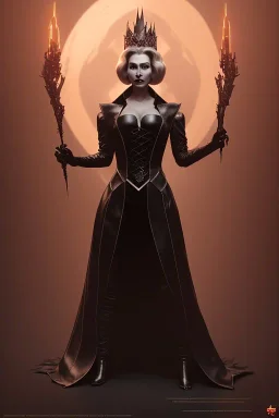 Constance Langdon as evil queen in black leather, leather, busty, cleavage, angry, stern look. character design by cory loftis, fenghua zhong, ryohei hase, ismail inceoglu and ruan jia. unreal engine 5, artistic lighting, highly detailed, photorealistic, fantasy