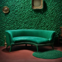 Detailed cozy odd furniture made of modeling clay, naïve, TV studio 1950's shot, Italian 1960's design, extreme detail, Max Ernst, green and blue, rich moody colors, sparkles, hypnotic