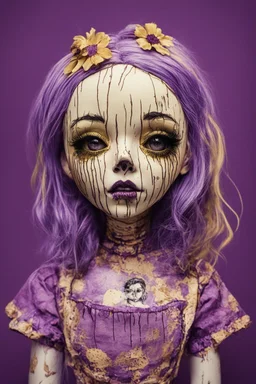 full color, illustration of a darkpurple and gold tones, menacing, Singer Melanie Martinez face, as a decayed, broken, crude homemade cloth doll toy, with a narrow cracked porcelain face, thick dark eyebrows, hair in two gradually, made from ragged strips of cloth, in the style of Alex Pardee, Tim Burton, and Nadya Sheremet