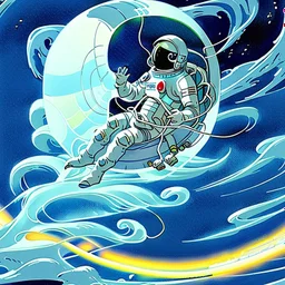 An astronaut floating in space surrounded by a halo of glowing jellyfish, done in the style of Hokusai's The Great Wave off Kanagawa