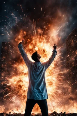 Young man standing, with arms raised, in front of an exploding building at night, with auras around him