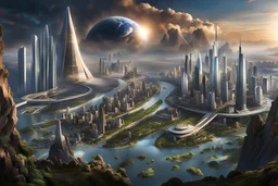 Earth landscape one million years into the future, where a city once existed