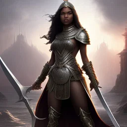 fantasy setting, insanely detailed, dark-skinned woman, indian, black wavy hair, warrior, one sword