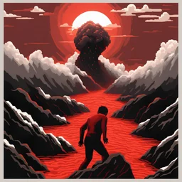 man sinking into red lava, pixel art