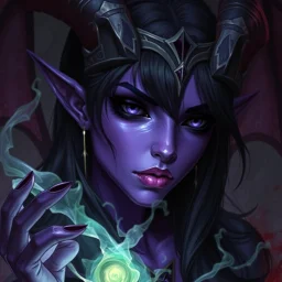 drow elf woman, sorceress, enchantress, dark hair, purple skin, demonic, digital art, dark fantasy, realism, stylised