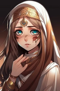 "Draw an Arab character, a girl wearing traditional Arab clothing, with an injured eye and another eye covered with a piece of cloth, indicating her royal lineage. She has long brown hair. Draw her in an anime style, similar to Vanitas style