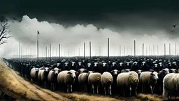 A long line of sheeple waiting to vote for the next President of the United States, in the style of sinister, gore, morbid, horror, eerie, dark fantasy, HDR, UHD, TXAA, 16k, Ralph Steadman, Seb Mckinnon, impressionism, dadaism, surrealism.