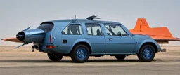 A national geographic award winning photograph of a military fighter jet station wagon wasp hybrid designed by volkswagen only one vehicle per image painted metallic orange traveling at a high rate of speed, jet intake off of front center of vehicle and jet exhaust out the rear with bright blue flame