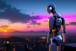 Humanoid-looking robot, standing and looking out over an alien town skyline at dusk