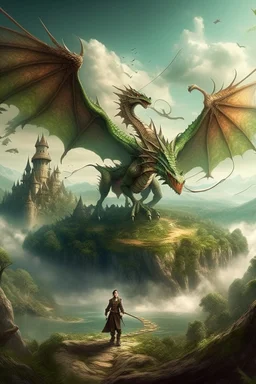 A man on a giant dragon fly over fantasy land