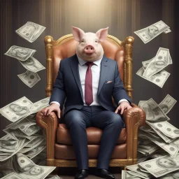 rich pig in suit on a throne making stacks of money by making a deal with a buisnessman