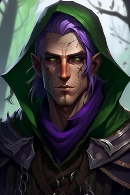 Portrait of male rogue elf, thief assassin, purple hair, bright green eyes, brown skin, black hood, black leather armor, messy, disheveled, trees, sneaky