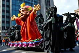 cartoonish jesus parade balloon pulled by multiple grim reapers, multi colored, bright, vivid, psychedelic, high detailed, high gloss, insanely detailed, matte, horrorcore, lining the street, unsettling contrast, monument to death, live action shot grim reaper parade, pulling a jesus parade float
