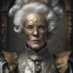 a close up of a person wearing a mask, a character portrait, baroque, erwin olaf, old lady cyborg merchant, jean-sebastien rossbach, stefan koidl inspired, full face and body portrait, in a baroque style, metallic skin, photoshop render, album --v 5