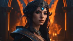 18 year old female sorcerer. evil. black smoke. blue. orange. exquisite realism, a masterpiece, fantasy concept art, dynamic lighting, hyperdetailed, intricately detailed, deep color, Unreal Engine, volumetric lighting , Epic cinematic brilliant stunning intricate meticulously detailed dramatic atmospheric maximal,